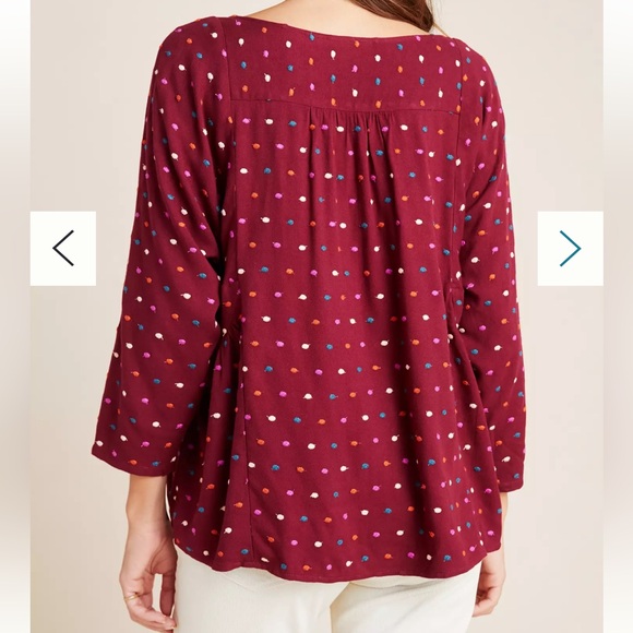 Large Maeve by Anthropologie Dottie Embroidered Blouse Burgundy Polka Dot - Picture 3 of 14